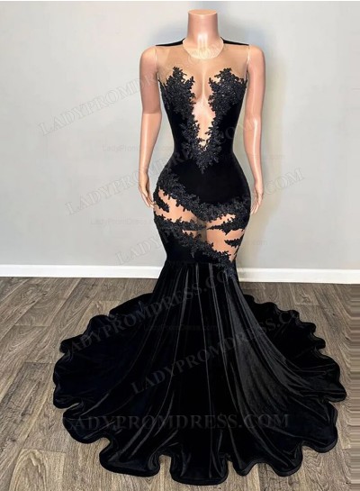 2025 Black Mermaid Bateau Velvet Long Prom Dresses With Appliques