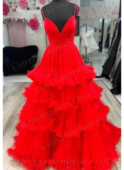 Red A Line Tiered Sweetheart Spaghetti Straps Long Prom Dresses 2025