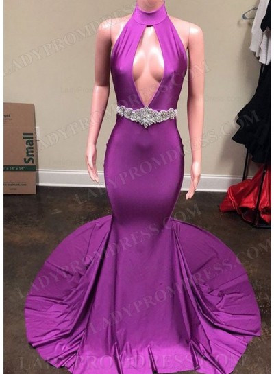 Purple High Neck Key Hole Silk Like Satin Long Backless 2025 Prom Dresses