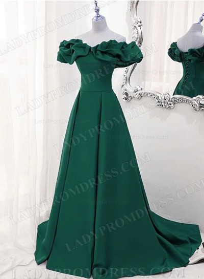 A Line Satin Hunter Green Off Shoulder Long Prom Dresses 2025