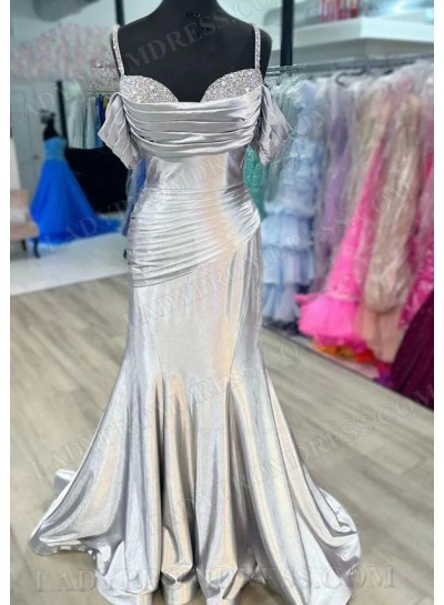 Silver Sheath Silk Like Satin Sweetheart Beaded Long 2025 Prom Dresses