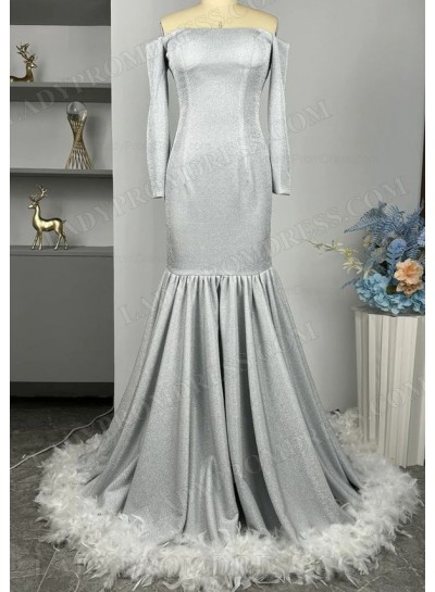 2025 Sheath Silver Long Sleeves Off Shoulder Prom Dresses With Feathers
