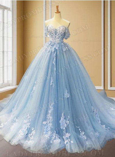 2025 Sweetheart Tulle Light Sky Blue Ball Gown Prom Dresses With Appliques 