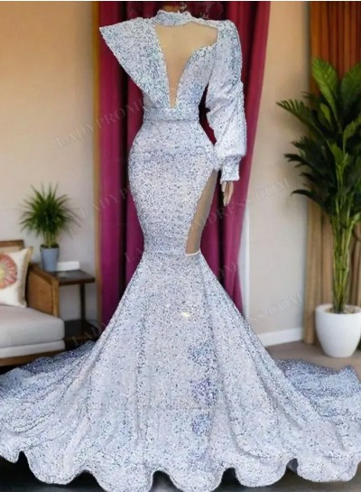 White One Sleeve Sequence Long High Neck 2025 Prom Dresses