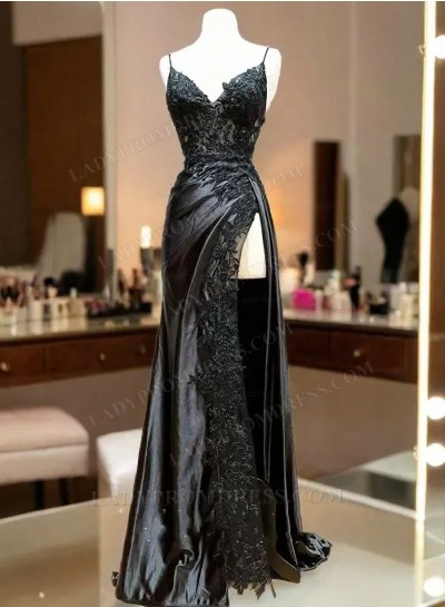 Black Sweetheart Spaghetti Straps Side Slit Corset Back Long Prom Dresses 2025