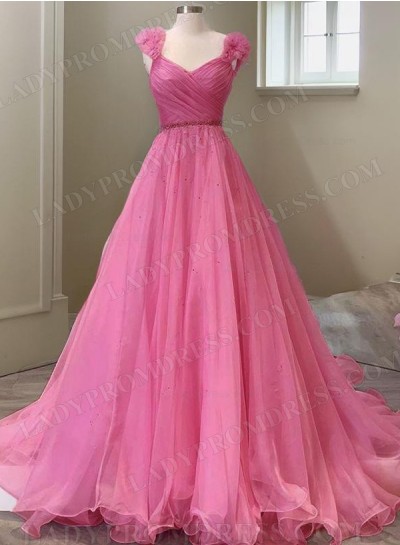 2025 A Line Organza Hot Pink Sweetheart Long Prom Dresses