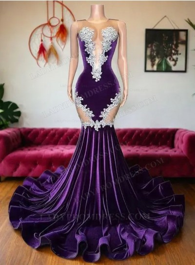 2025 Purple Velvet Mermaid Bateau Long Prom Dresses With Appliques