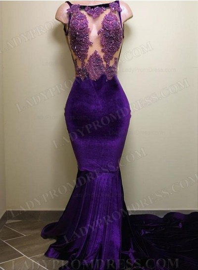 2025 Sheath Velvet Purple Halter Long Prom Dresses With Appliques