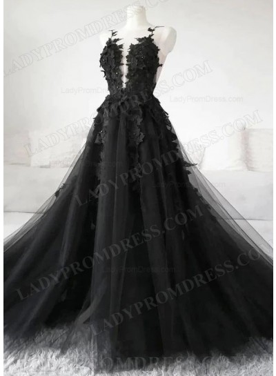 A Line Black Tulle Long 2025 Prom Dresses With Appliques