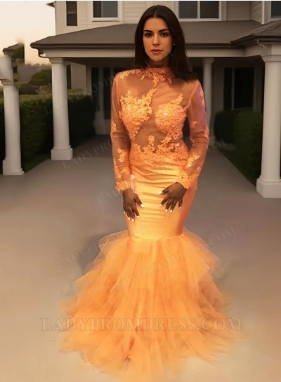 2025 Mermaid Long Sleeves High Neck Tulle See Through Prom Dresses With Appliques