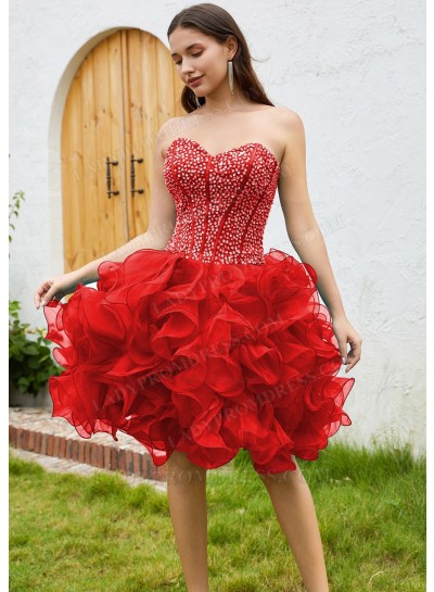 Red Sweetheart Tulle Sequin Ball Gown Layers Knee-Length Cocktail Dress / Homecoming Dresses