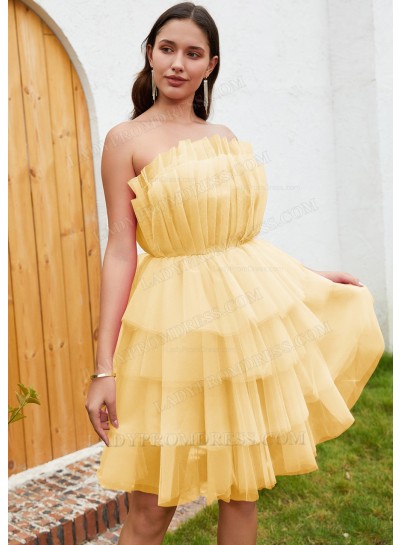 Light Yellow A-line Tulle Strapless Layers Sleeveless Short Mini Homecoming Dresses