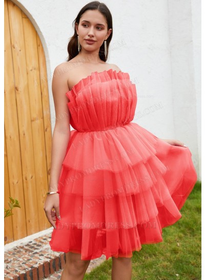 Watermelon A-line Tulle Strapless Layers Sleeveless Short Mini Homecoming Dresses