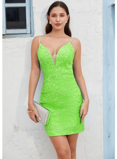 Lime Green Column Spaghetti Straps Blue Short Mini Homecoming Dresses with Applique