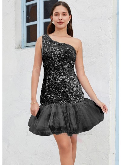 Black One Shoulder Sequin Sheath/Column Sleeveless Short/Mini Homecoming Dresses