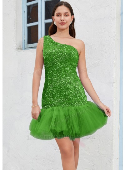 Green One Shoulder Sequin Sheath/Column Sleeveless Short/Mini Homecoming Dresses