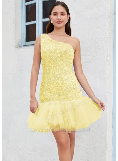 Light Yellow One Shoulder Sequin Sheath/Column Sleeveless Short/Mini Sweet 16 Gowns / Homecoming Dresses