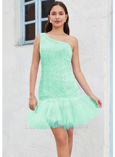 Turquoise One Shoulder Sequin Sheath/Column Sleeveless Short/Mini Cocktail / Homecoming Dresses