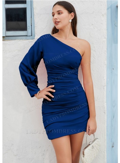 Navy Blue One Shoulder Satin Long Sleeves Zipper Short/Mini Homecoming Dresses