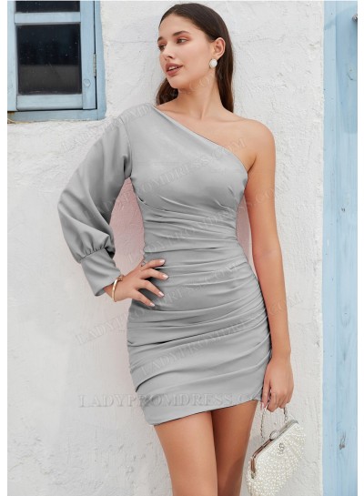 Silver One Shoulder Satin Long Sleeves Zipper Short/Mini Homecoming Dresses