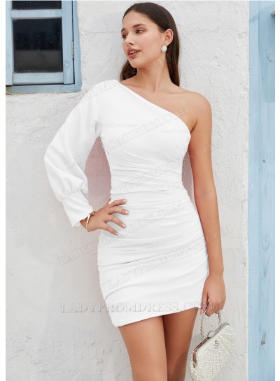 One Shoulder Satin Long Sleeves Short Mini White Graduation Dress with Sleeves