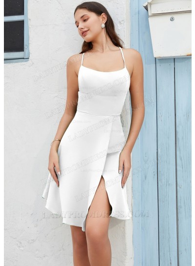White A-line Spaghetti Straps Knee-Length Classy Graduation Dresses