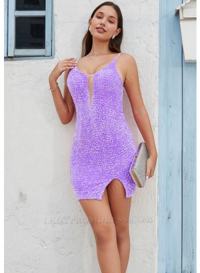 Lilac Sheath/Column Sequins Spaghetti Straps Cocktail / Homecoming Dresses