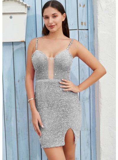 Silver A-line Princess Sequins Sweetheart Sleeveless Cocktail / Homecoming Dresses