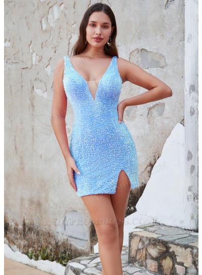 Blue Sheath Sequins V-neck Sleeveless Short/Mini Cocktail / Homecoming Dresses