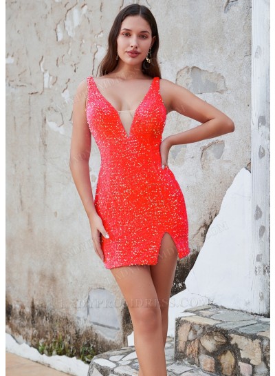 Watermelon Sheath Sequins V-neck Sleeveless Short/Mini Homecoming Dresses