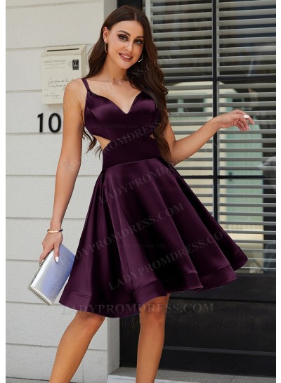 Grape A-line Princess V-neck Silk like Satin Knee-Length Homecoming Dresses