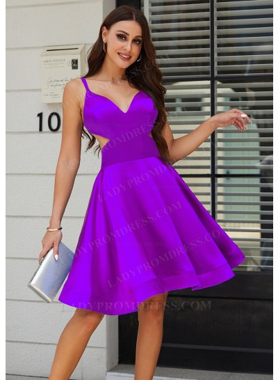 Plum A-line Princess V-neck Silk like Satin Knee-Length Sweet 16 / Homecoming Dresses