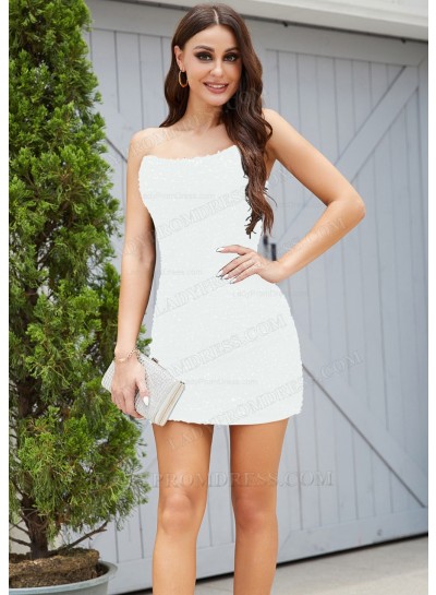 White Sheath/Column Sleeveless Sequins Short/Mini Classy Graduation Dresses
