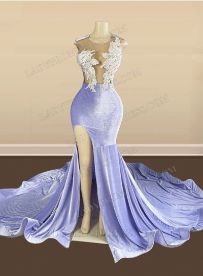 2025 Lavender Sheath Beaded Elastic Satin Long Prom Dresses