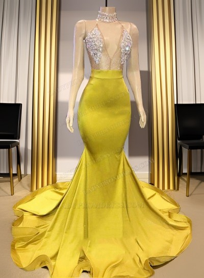Halter Mermaid Beaded V-neck Daffodil Prom Dresses