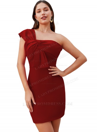 Burgundy Sheath One Shoulder Sleeveless Satin Graduation Gowns / Homecoming Dresses