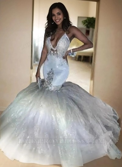 2025 Halter Sexy Beaded Tulle Silver Prom Dresses