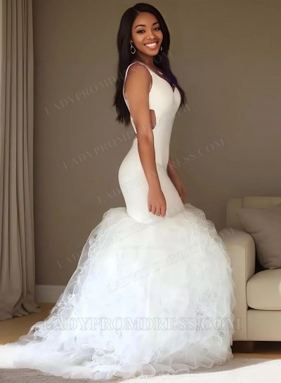 2025 White Straps V-Neck Mermaid/Trumpet Stretch Satin Prom Dresses