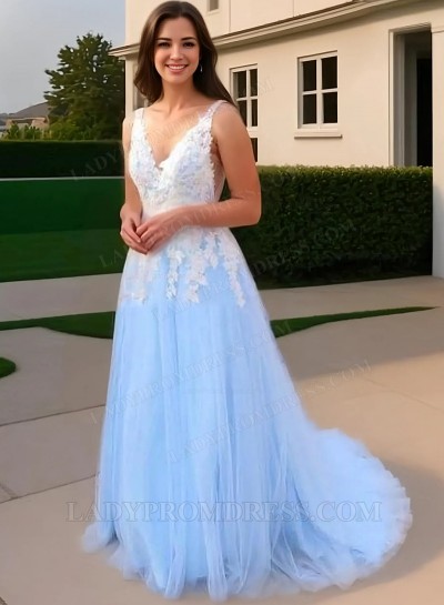 A Line Tulle Blue And White Appliques V Neck Long Prom Dresses 2025
