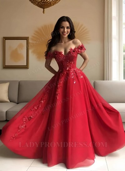 A Line Sweetheart Red Tulle With Appliques Off Shoulder Long Prom Dresses 2025