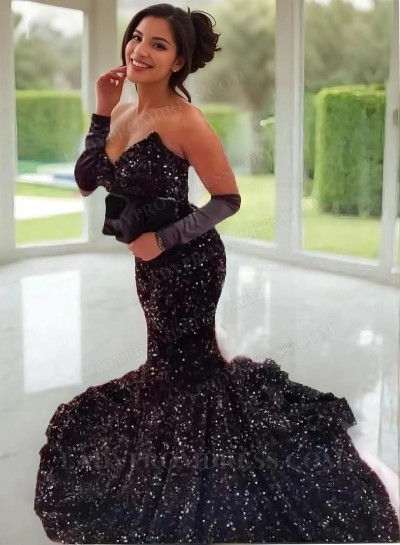 2025 Trumpet Sequins Sweetheart Sleeveless Sweep Train Prom Dresses