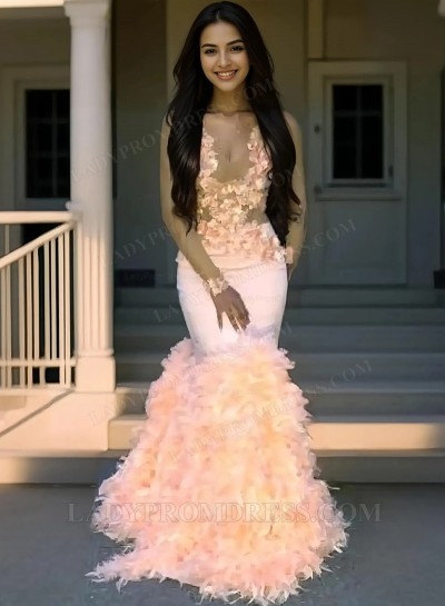 2025 Long Sleeve V-neck Mermaid Pink Prom Dresses