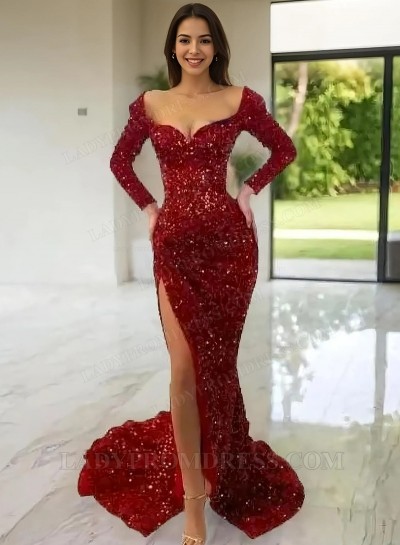 2025 Sheath/Column Sequins Off-the-Shoulder Lone Sleeves Sweep/Brush Train Prom Dresses