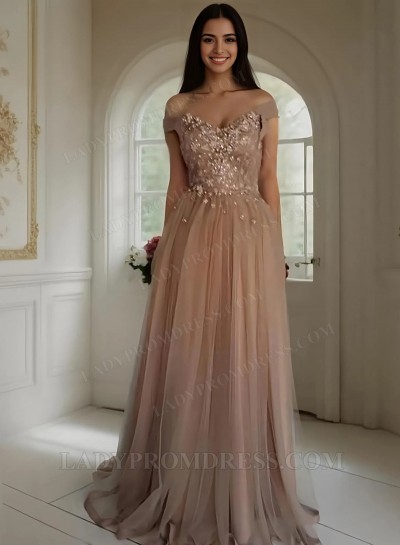 2025 A-Line/Princess Tulle Sweetheart Off The Shoulder Champagne Prom Dresses