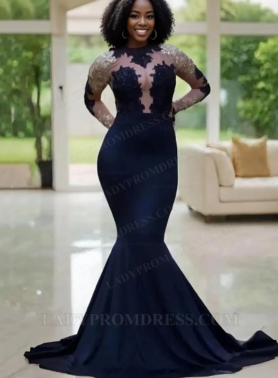 Sexy Dark Navy Long Sleeves 2025 Prom Dresses