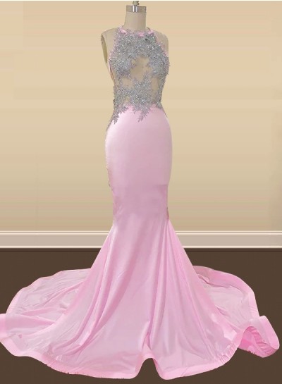2025 Mermaid/Trumpet Satin Halter Sleeveless Sweep/Brush Train Prom Dresses