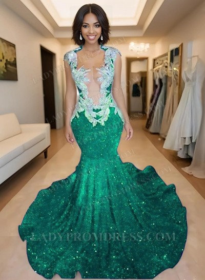 Emerald V-neck Sequence Sweetheart Mermaid Prom Dresses with Beaded