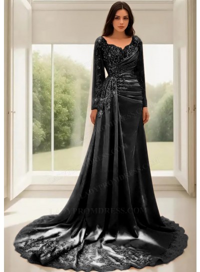 Black A-Line Long Sleeves Satin Prom Dresses with Lace Appliques