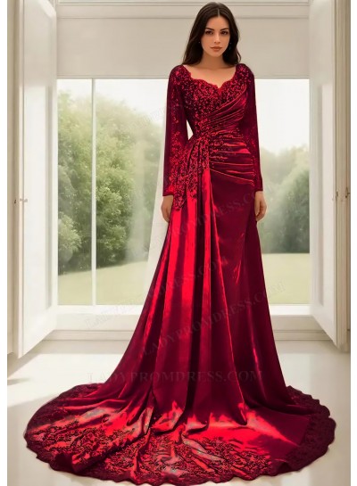 Burgundy A-Line Long Sleeves Satin Prom Dresses with Lace Appliques