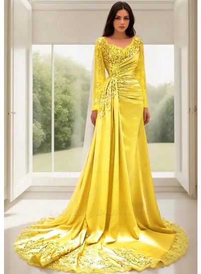 Daffodil A-Line Long Sleeves Satin Prom Dresses with Lace Appliques